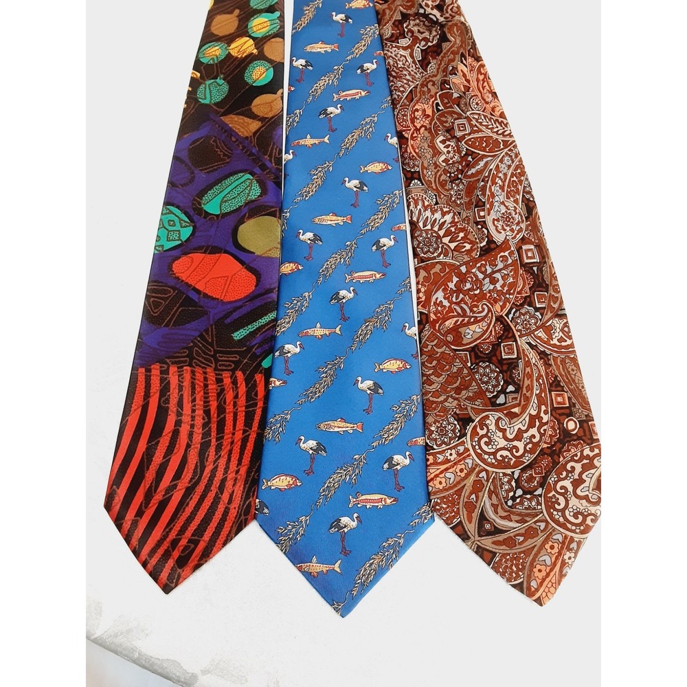 France Designer Mens Silk Ties Lot Of 3  Blue Multicolor Abstract Fish Floral